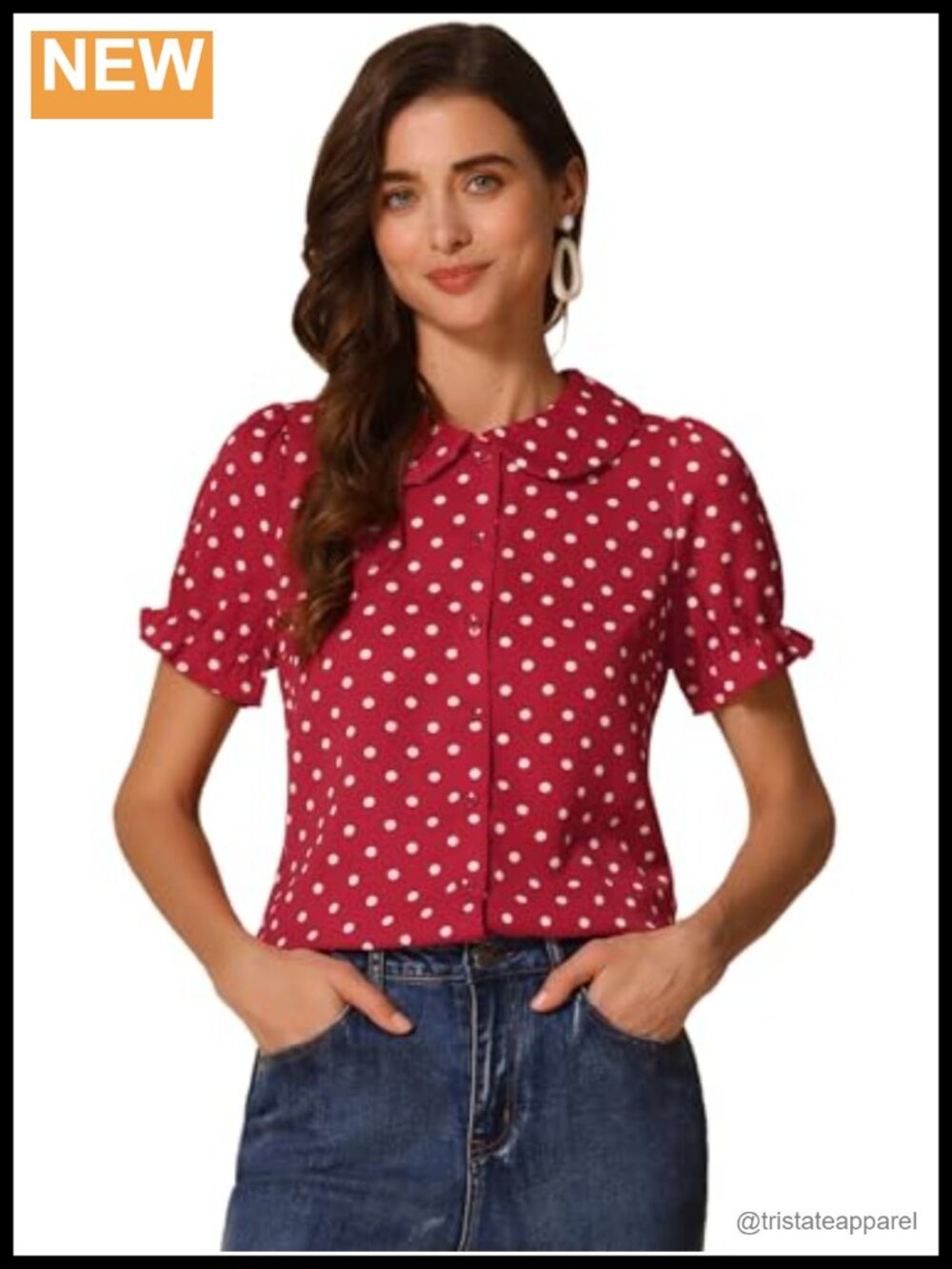 Polka Dot Puff Sleeve Peter Pan Collar Blouse Button Up Shirt